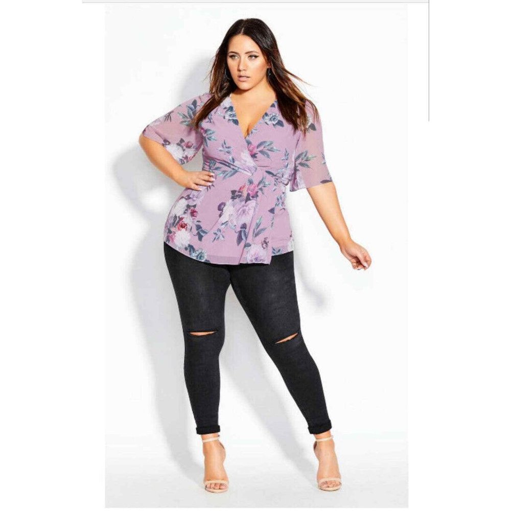 City Chic Rosewater Floral Faux Wrap Blouse